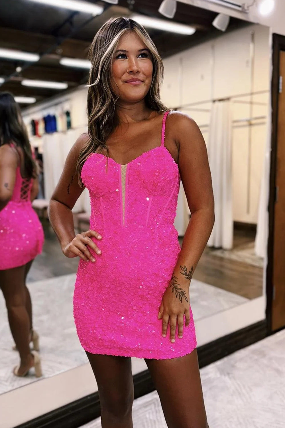 Pink Homecoming Dress Sequin Corset Tight Short Prom Dress