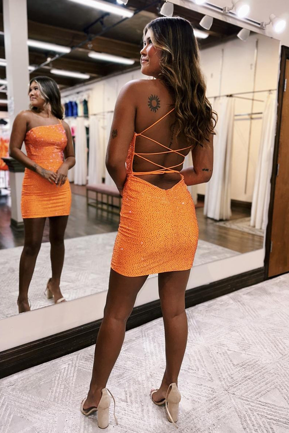 Orange Homecoming Dress Beaded One Shoulder Sequin Tight Prom Dress