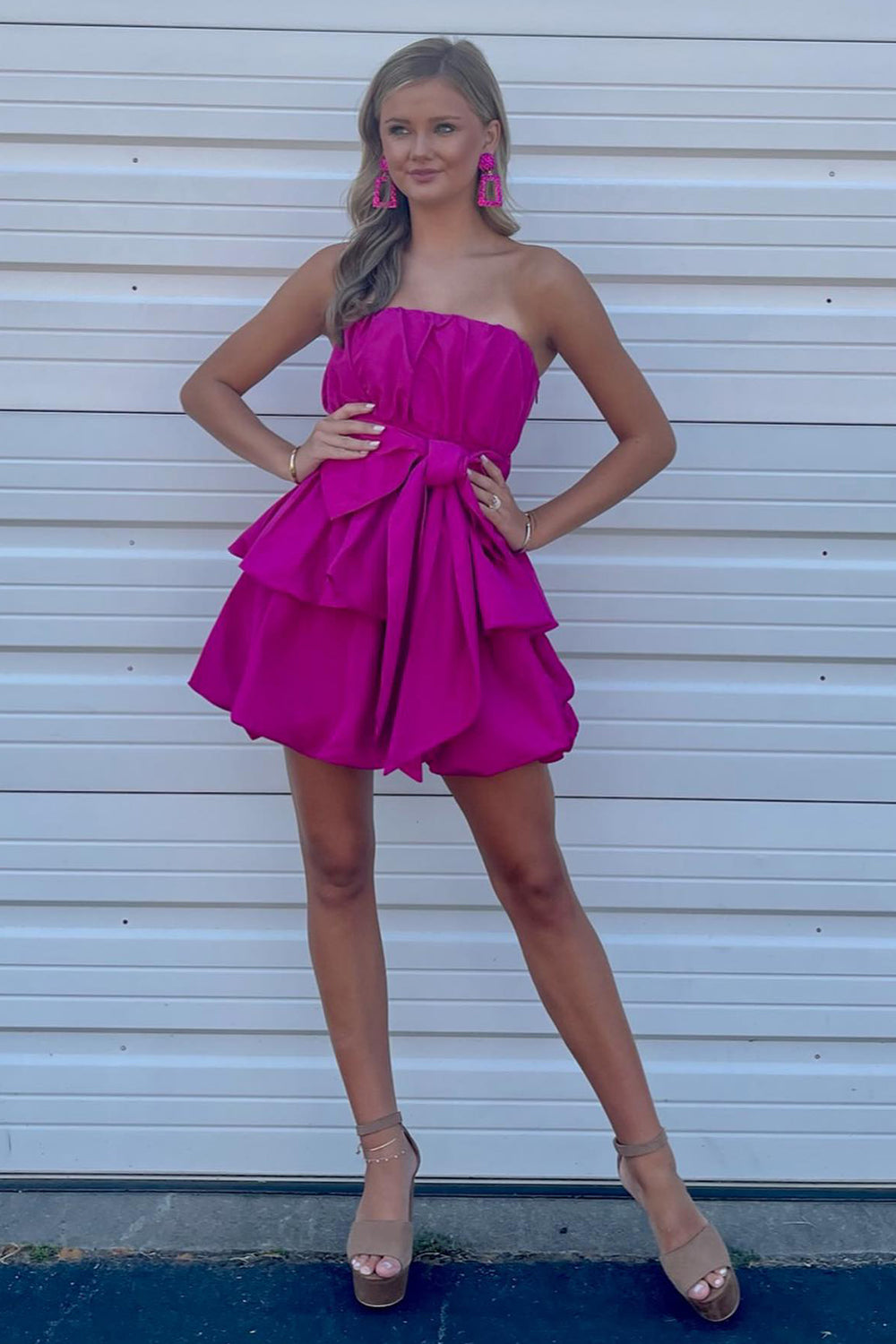 Fuchsia Homecoming Dress Tiered Sweetheart Short Prom Dress With Bow