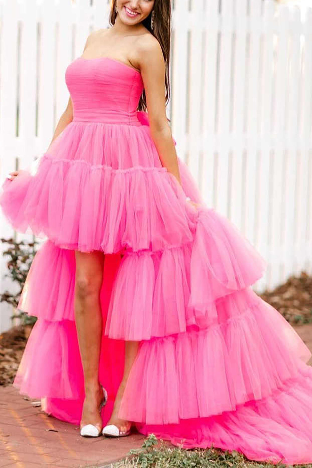 Stylish High Low Strapless Fuchsia Homecoming Dress Prom Dress with Ruffles