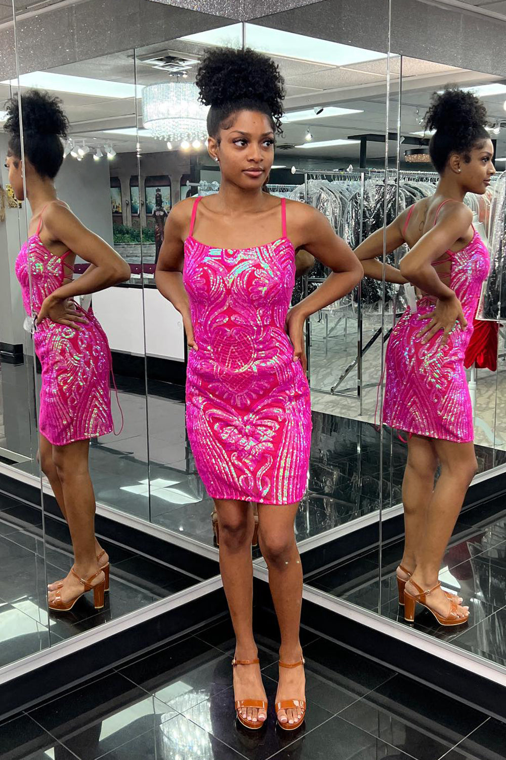 Fuchsia Homecoming Dress Sequin Spaghetti Straps Tight Short Prom Dress