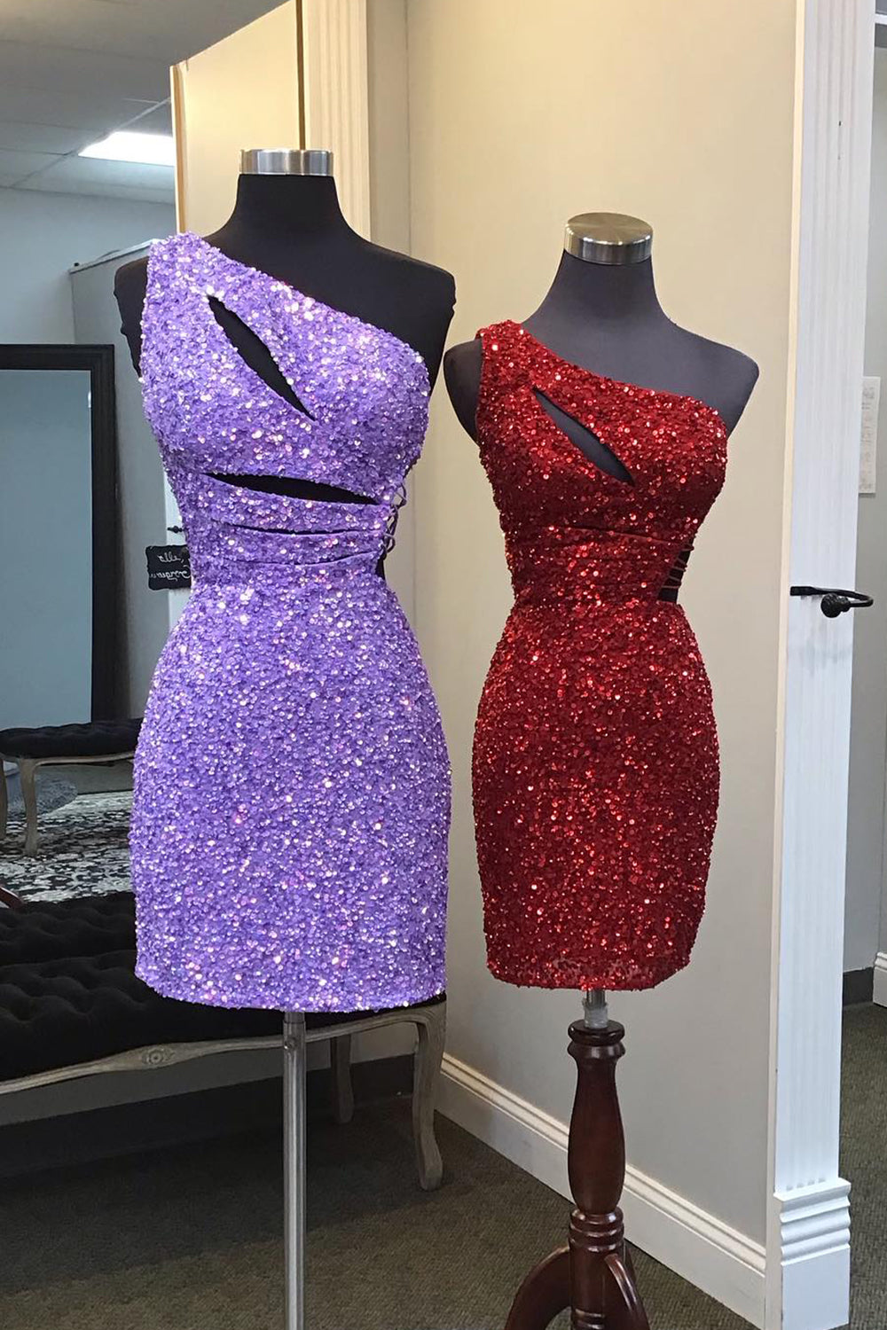 Purple Homecoming Dress One Shoulder Cut Out Sequin Tight Short Prom Dress