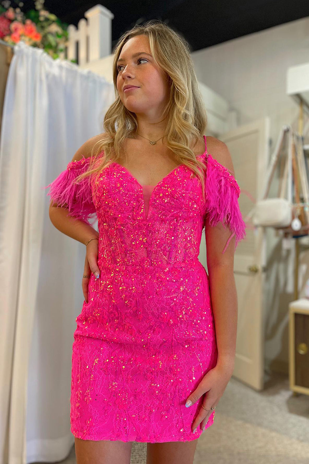 Fuchsia Homecoming Dress Sequin Lace Tight Short Prom Dress with Feathers