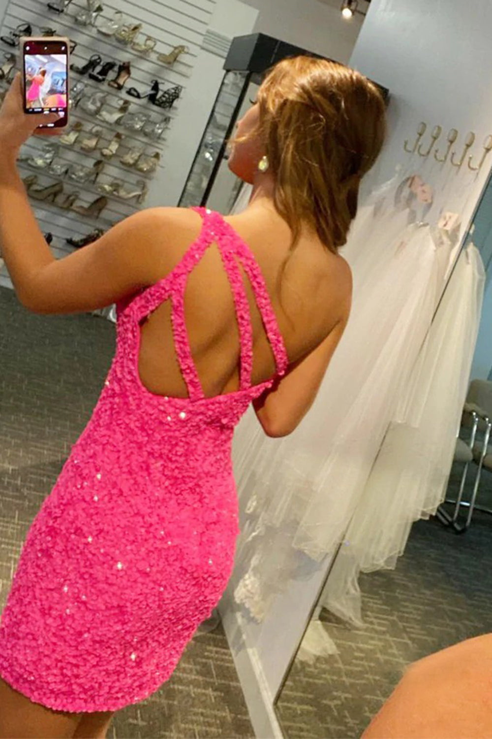 Fuchsia Homecoming Dress Sequin One Shoulder Prom Dress