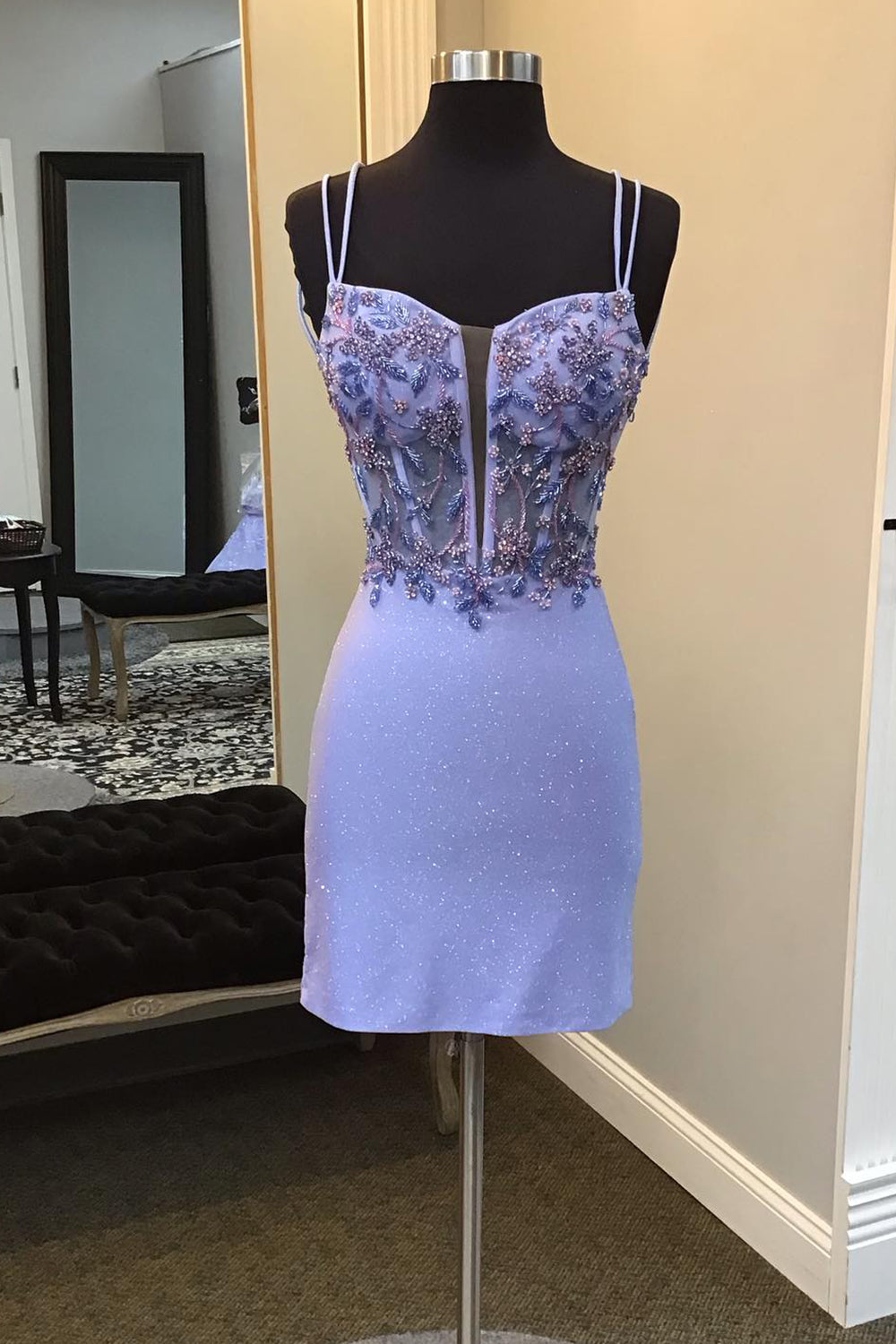 Purple Homecoming Dress Beaded Spaghetti Straps Corset Tight Short Prom Dress