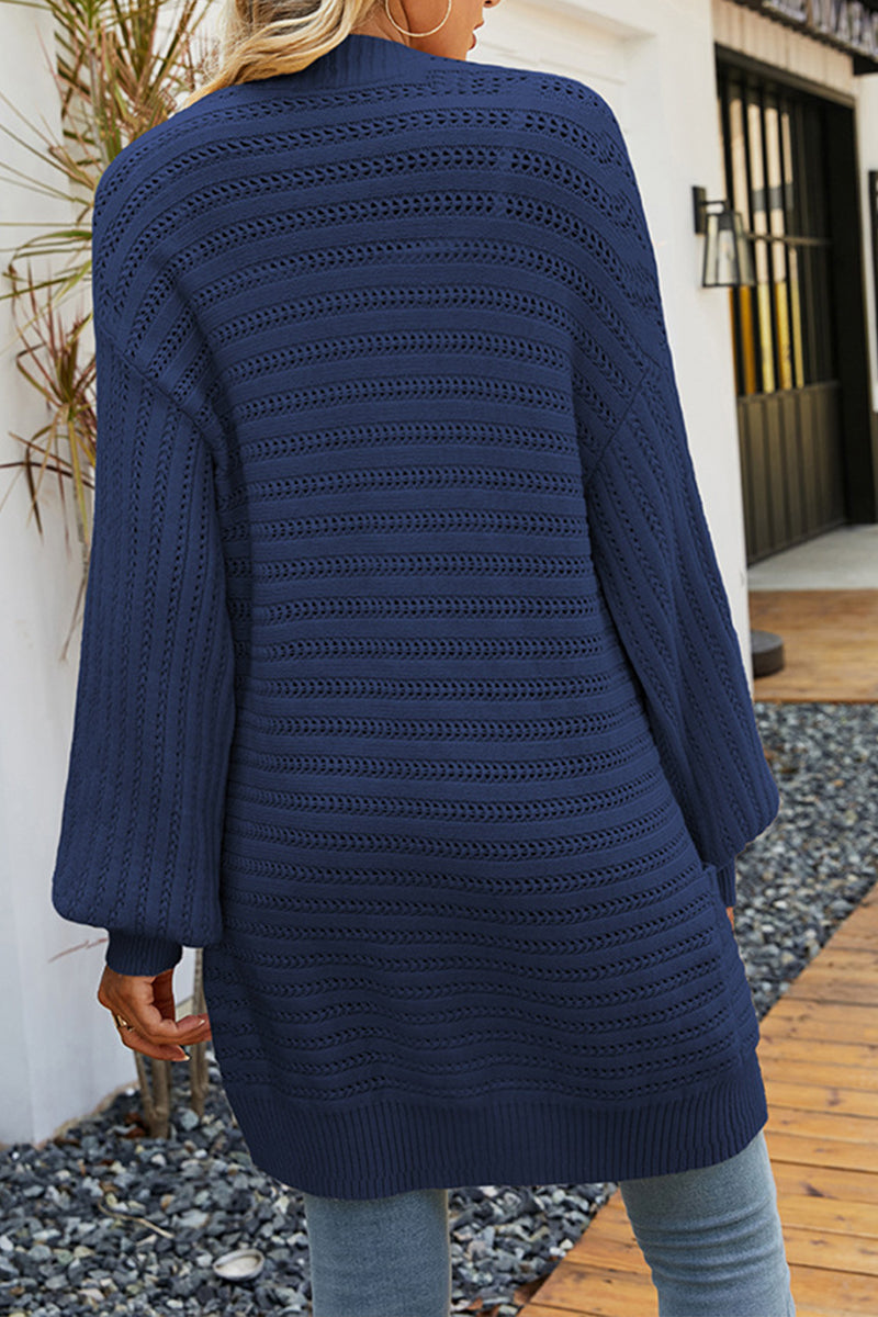 Solid Color Hollow Pocket Balloon Sleeve Knit Sweater