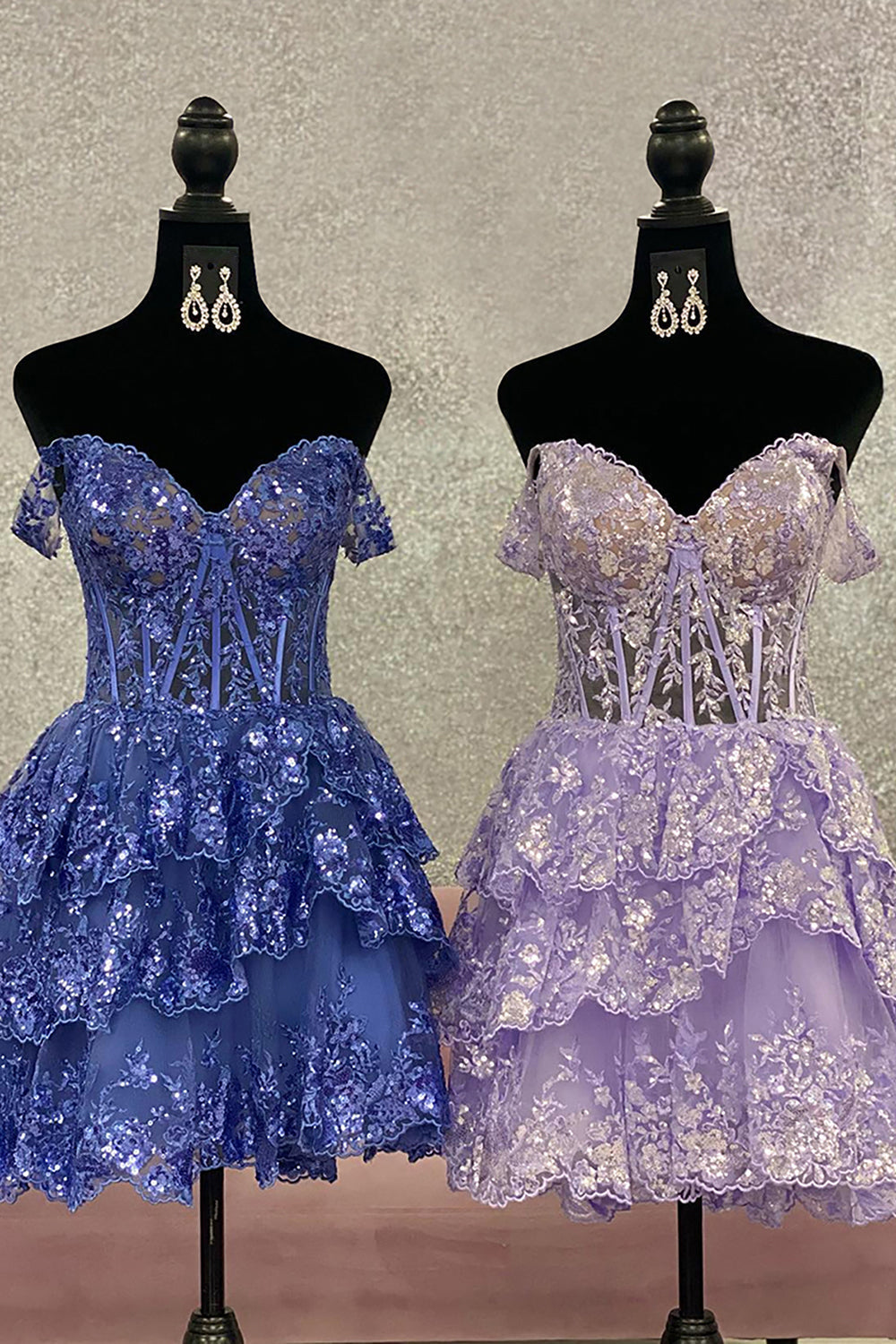 Glitter Blue Homecoming Dress Asymmetrical A-Line Short Lace Prom Dress