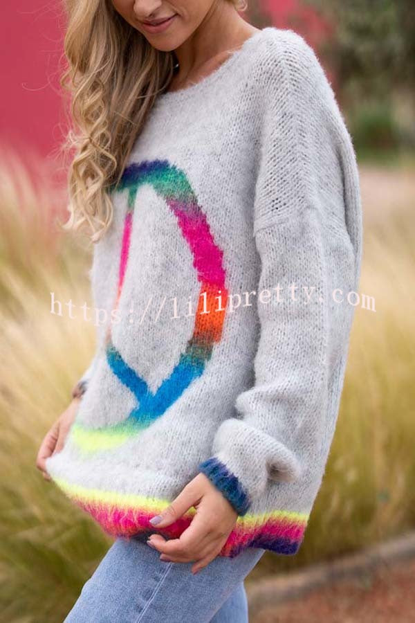 Lilipretty Love and Peace Knit Rainbow Pattern Loose Pullover Sweater