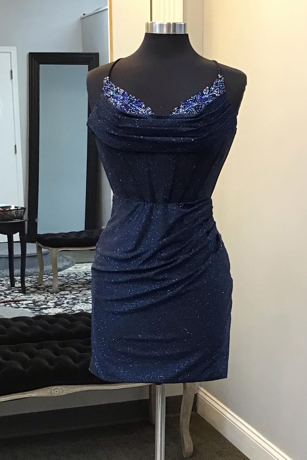 Glitter Navy Homecoming Dress Beaded Corset Lace-Up Back Tight Short Prom Dress