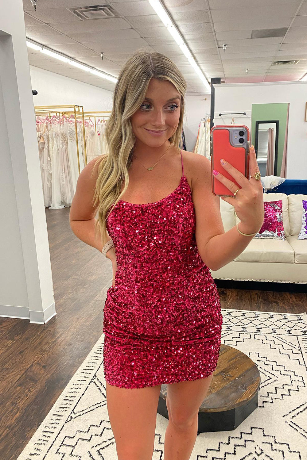 Fuchsia Homecoming Dress Sleeveless Sequin Tight Short Prom Dress