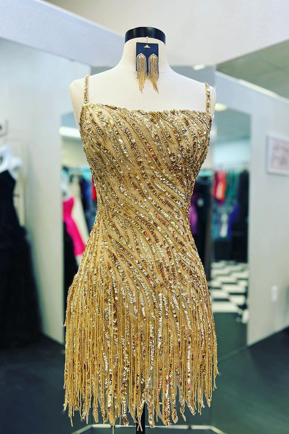 Golden Homecoming Dress Spaghetti Straps Sequin Tight Short Hoco Dress with Fringes