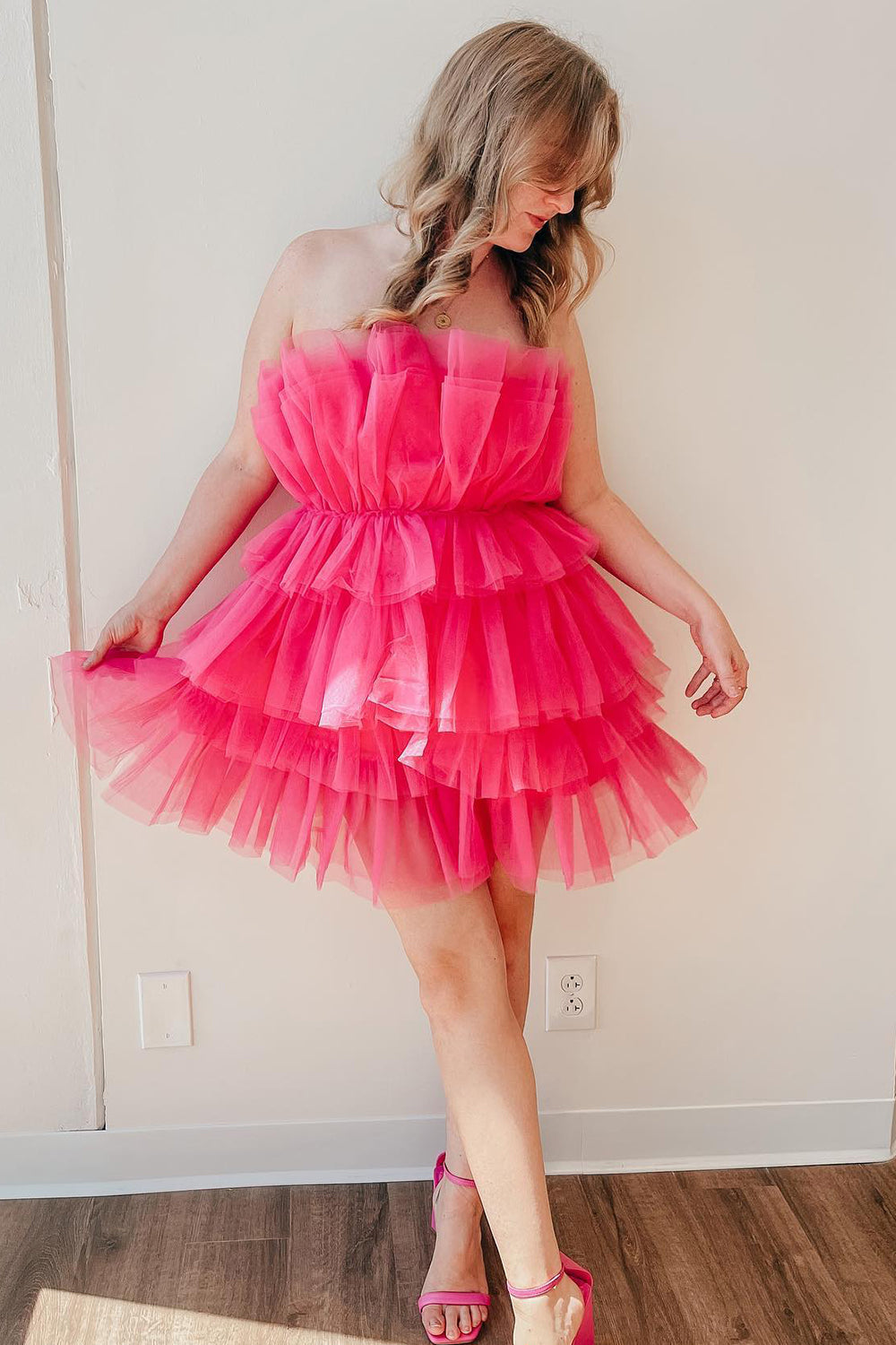 Pink Homecoming Dress Strapless A-Line Tiered Tulle Short Prom Dress