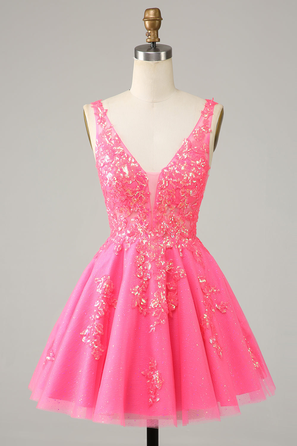 Fuchsia Homecoming Dress Sequined V Neck Backless Short Prom Dress