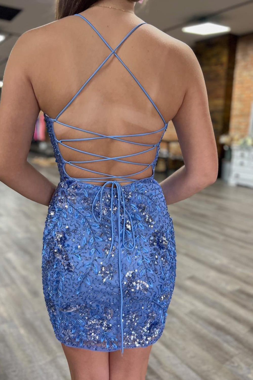 Blue Homecoming Dress Sequined Beaded Backless Tight Short Prom Dress