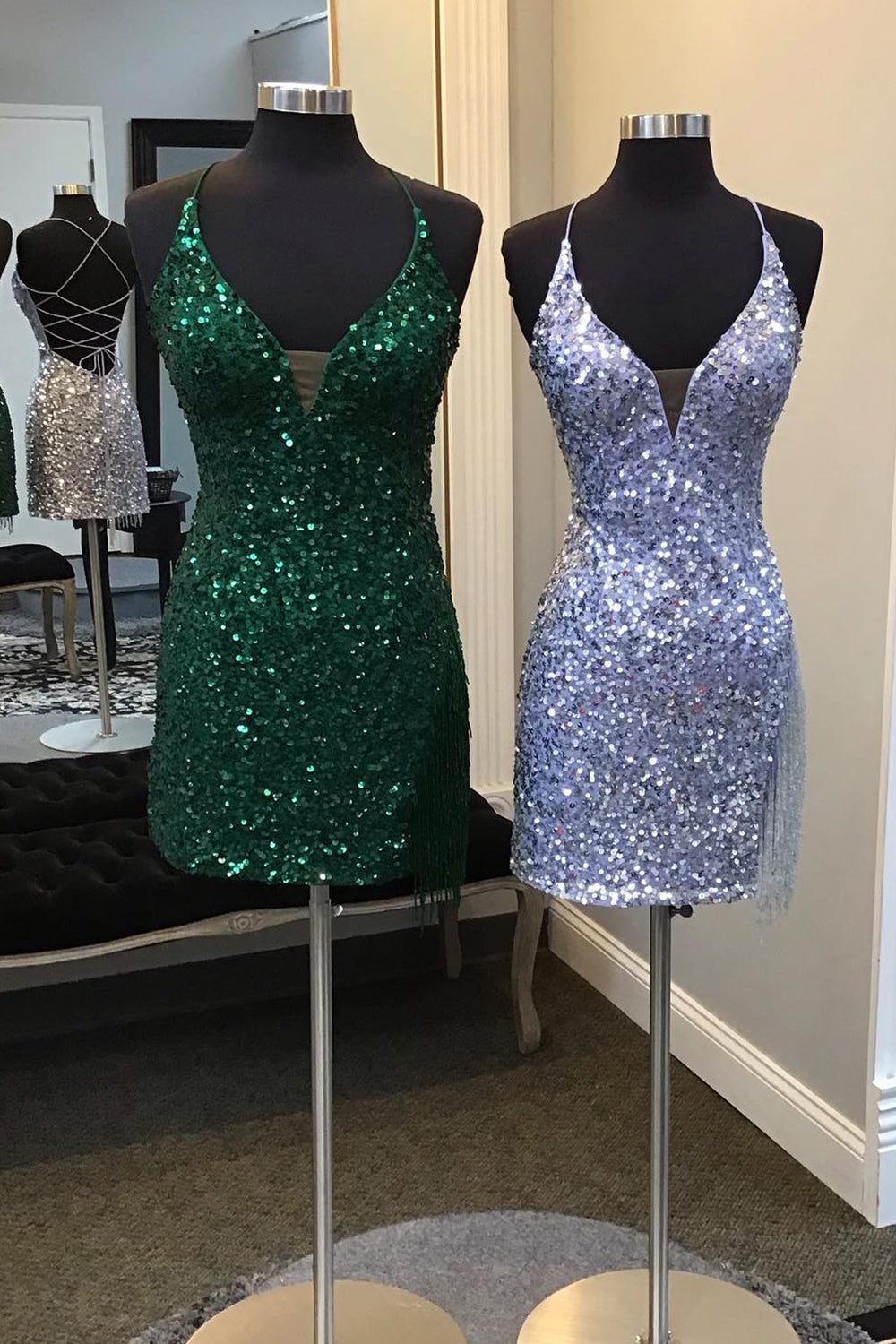 Dark Green Homecoming Dress Sequin Tight Prom Dress with Fringes