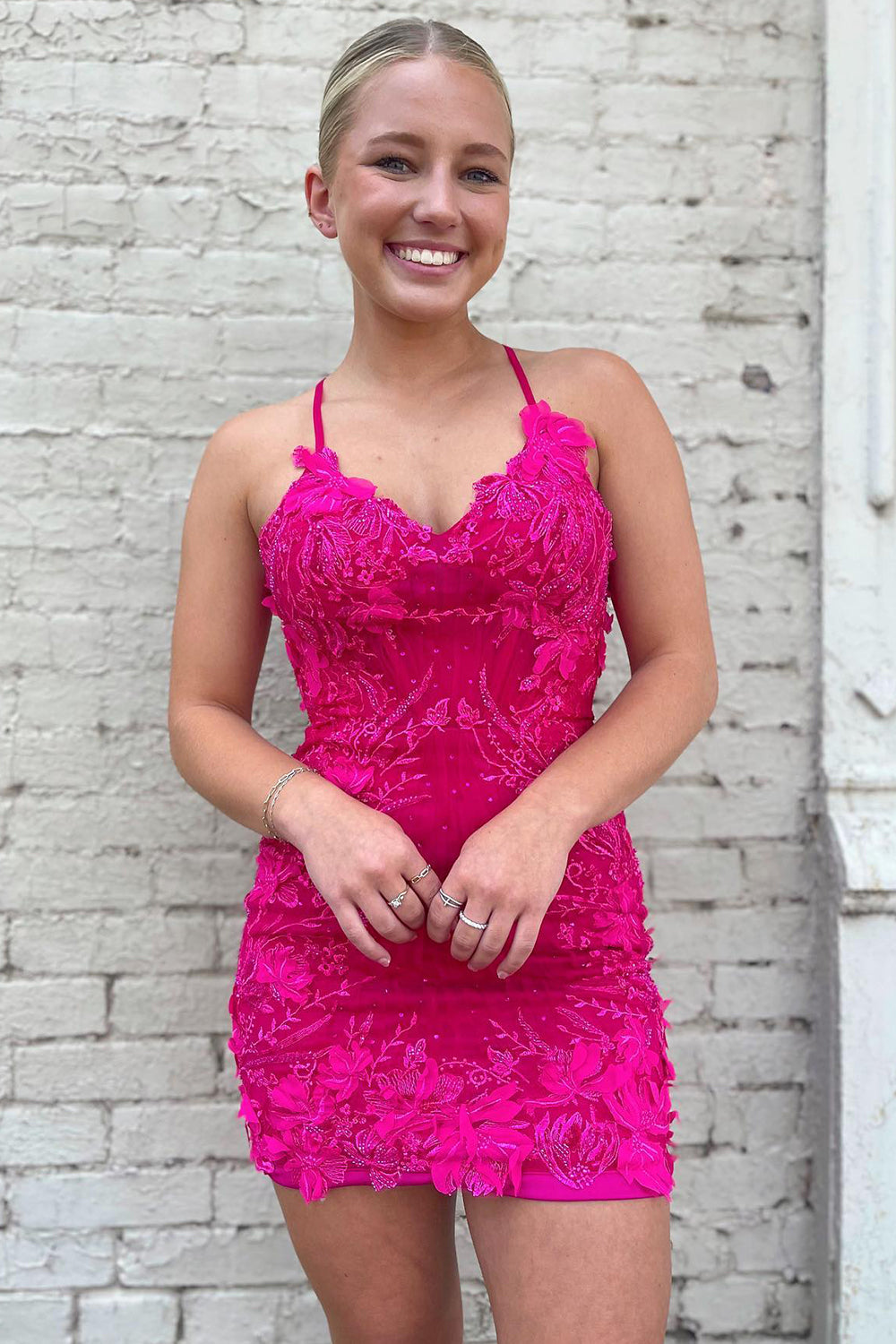 Fuchsia Homecoming Dress Tight Short Prom Dress with Appliques