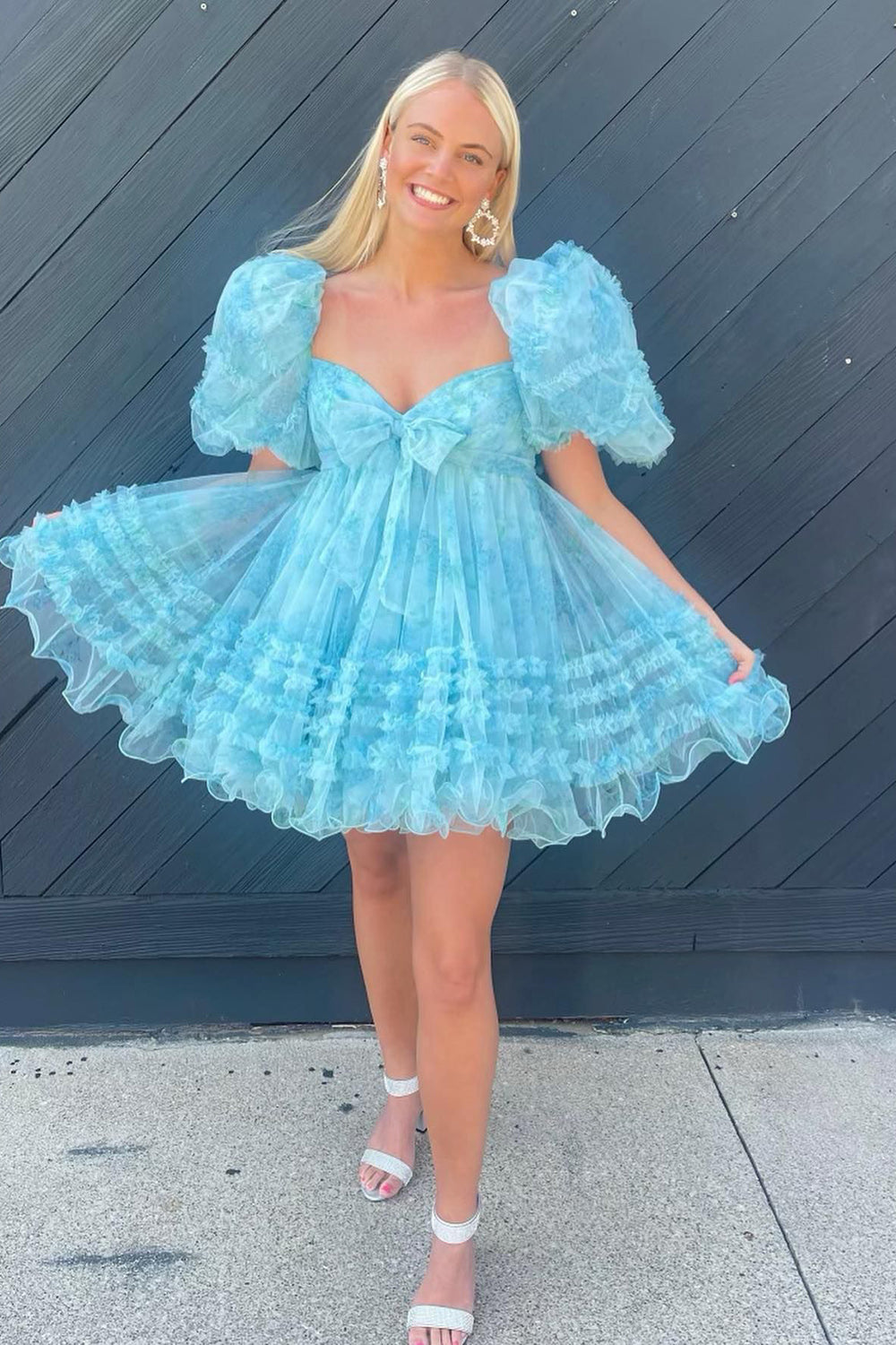 Blue Homecoming Dress Puff Sleeves A-Line Floral Short Prom Dress with Ruffles