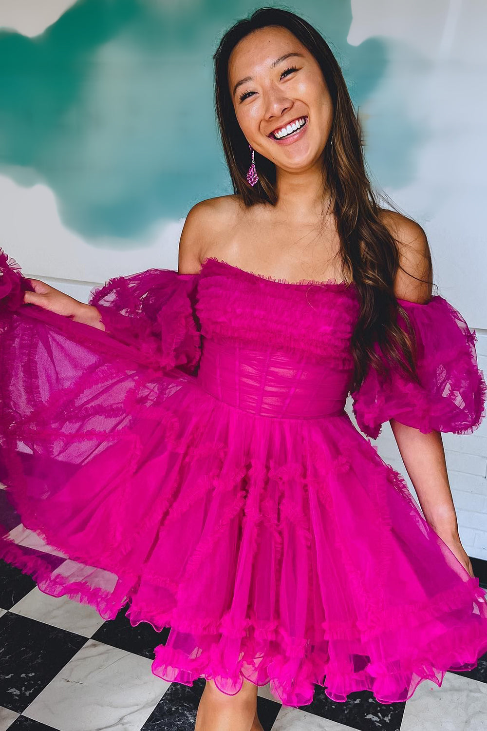 Fuchsia Homecoming Dress Corset Puff Sleeves A-Line Short Prom Dress with Ruffles