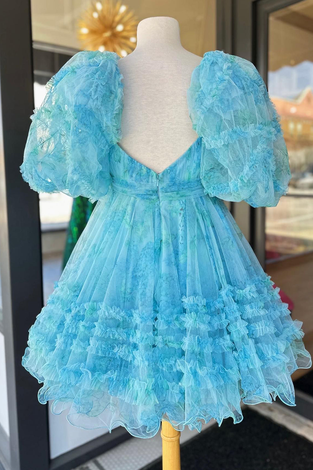 Blue Homecoming Dress Puff Sleeves A-Line Floral Short Prom Dress with Ruffles