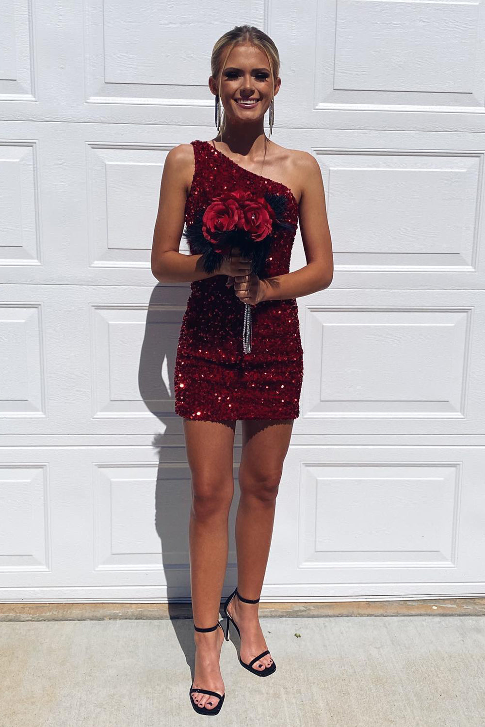 Tight Fuchsia Homecoming Dress Sequin One Shoulder Prom Dress