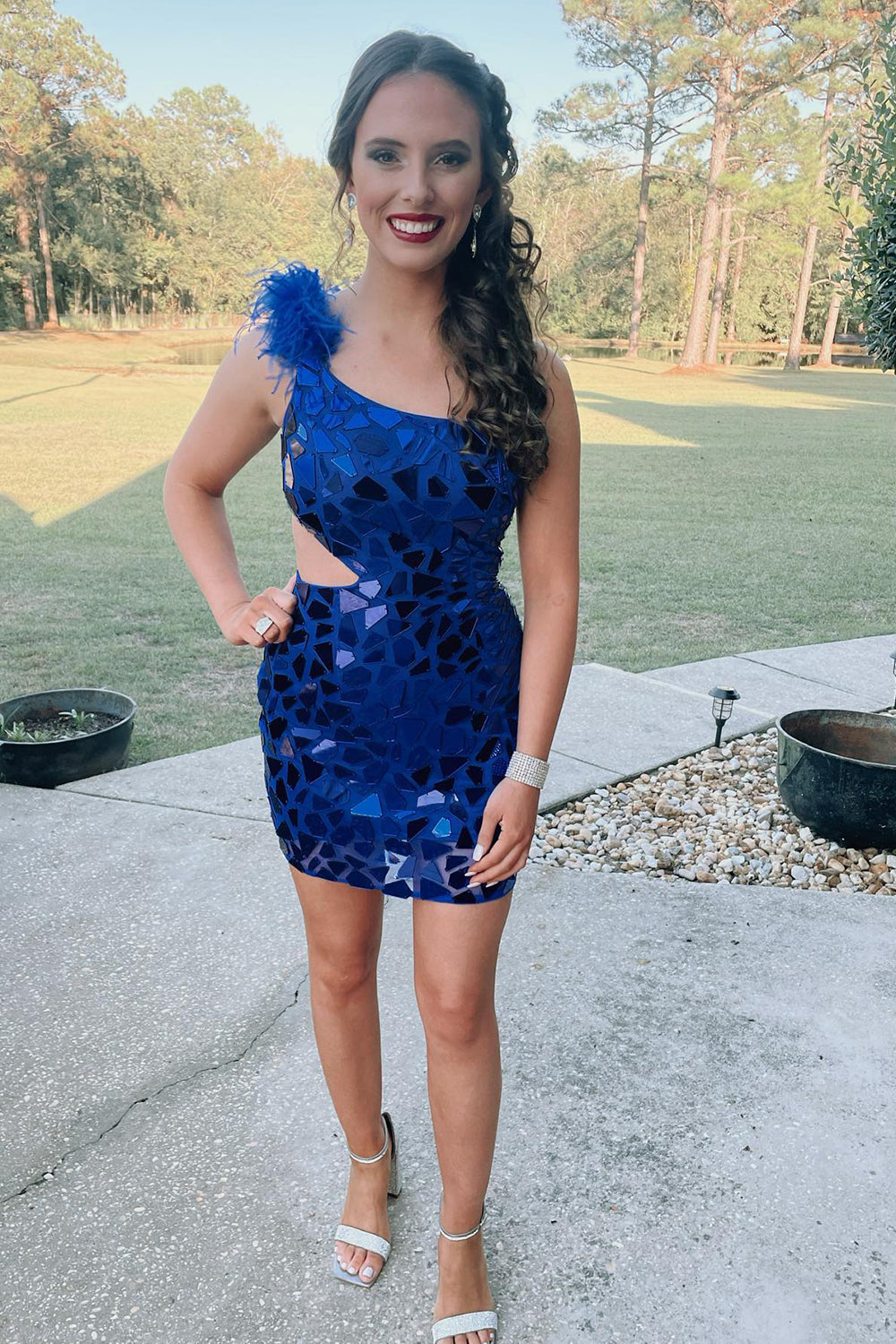 Royal Blue Homecoming Dress Mirror One Shoulder Tight Prom Dress With Feathers