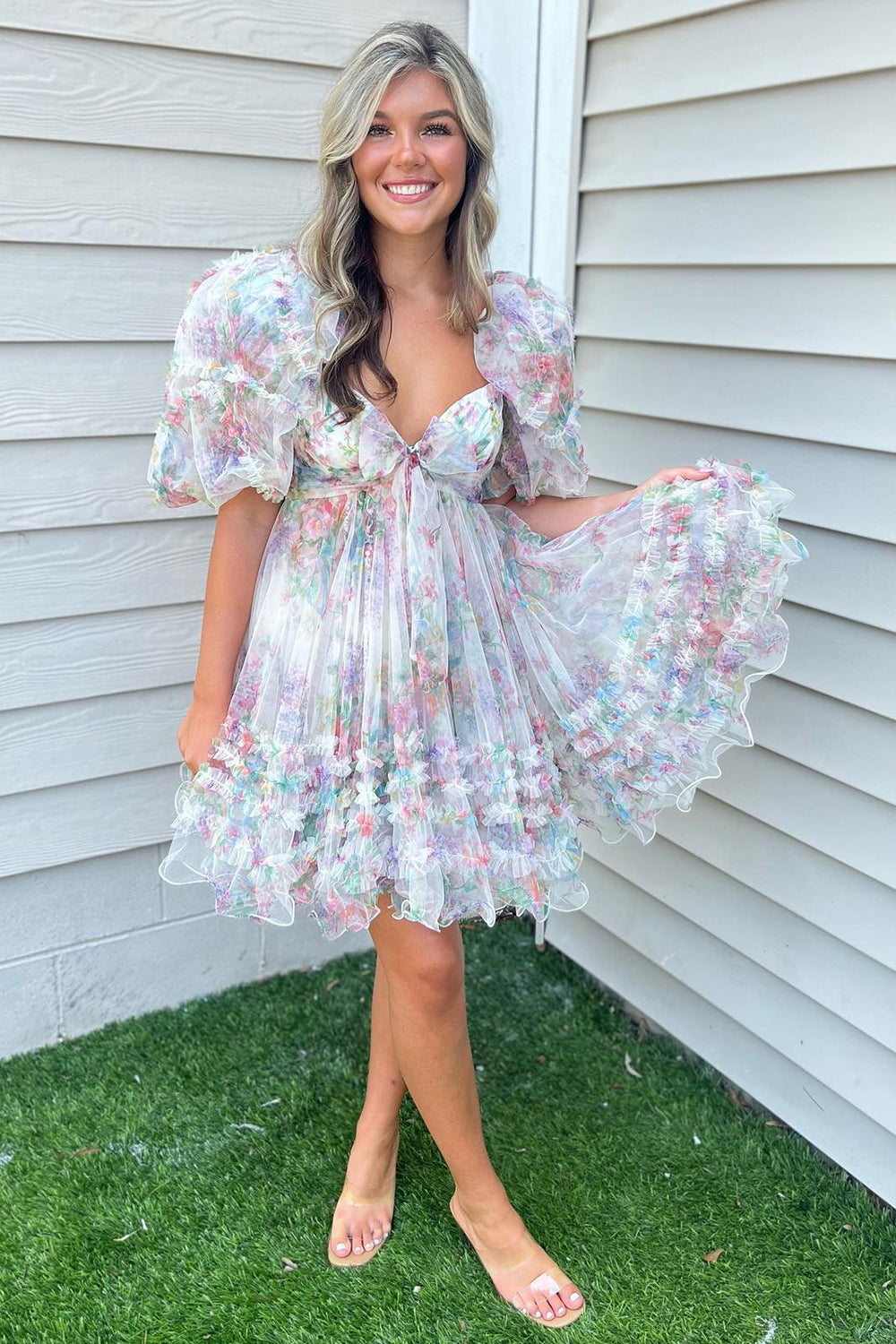 Blue Homecoming Dress Puff Sleeves A-Line Floral Short Prom Dress with Ruffles