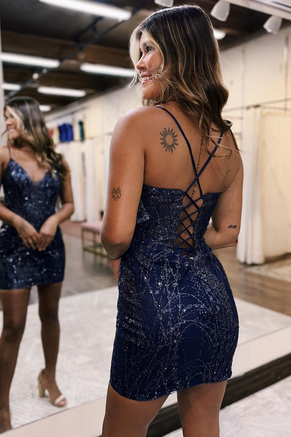 Navy Homecoming Dress Corset Sequin Tight Short Prom Dress