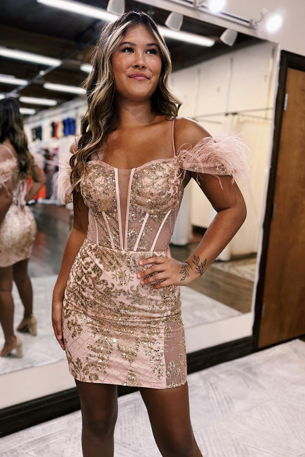 Rose Golden Homecoming Dress Corset Sequin Tight Short Prom Dress With Feather