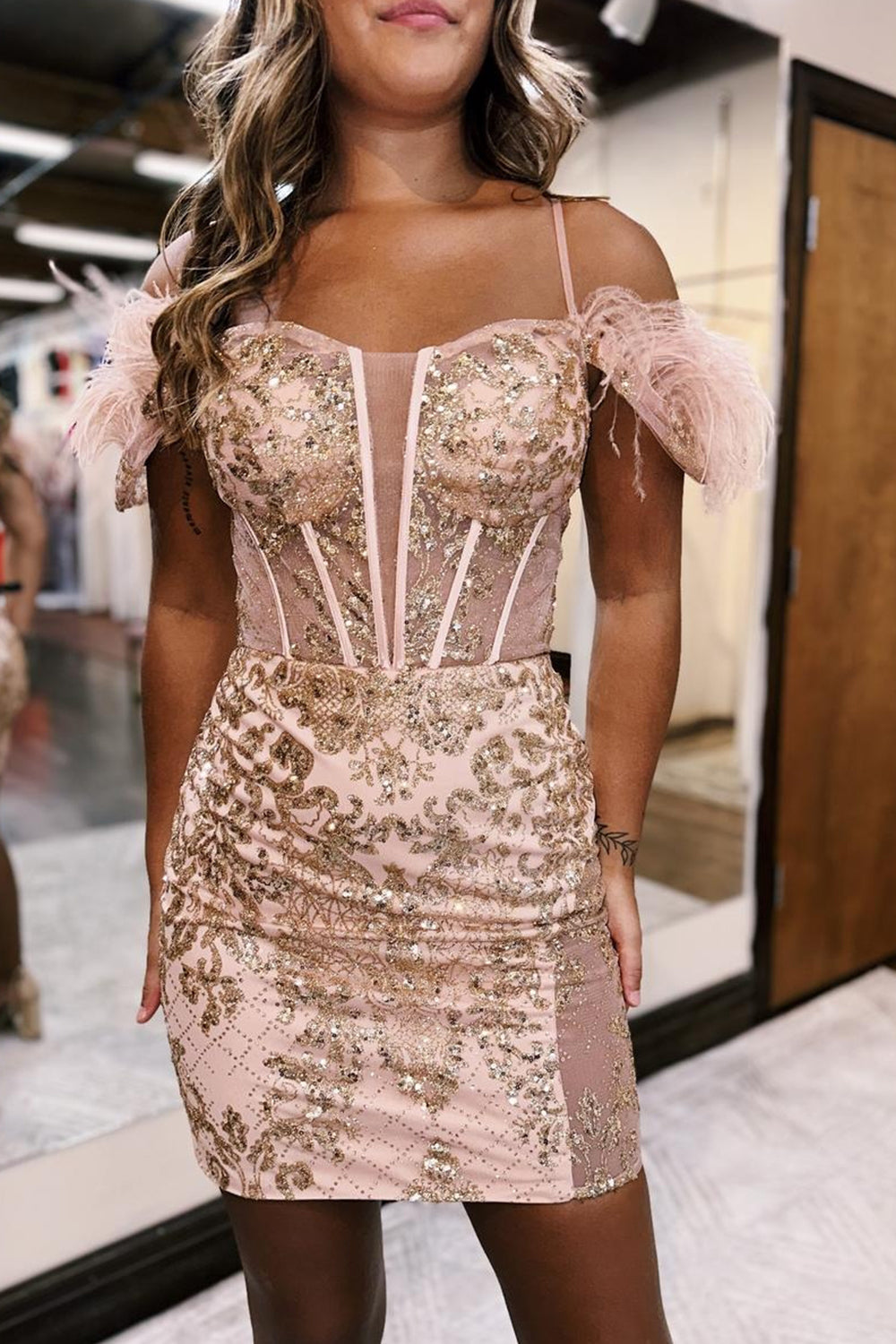 Rose Golden Homecoming Dress Corset Sequin Tight Short Prom Dress With Feather