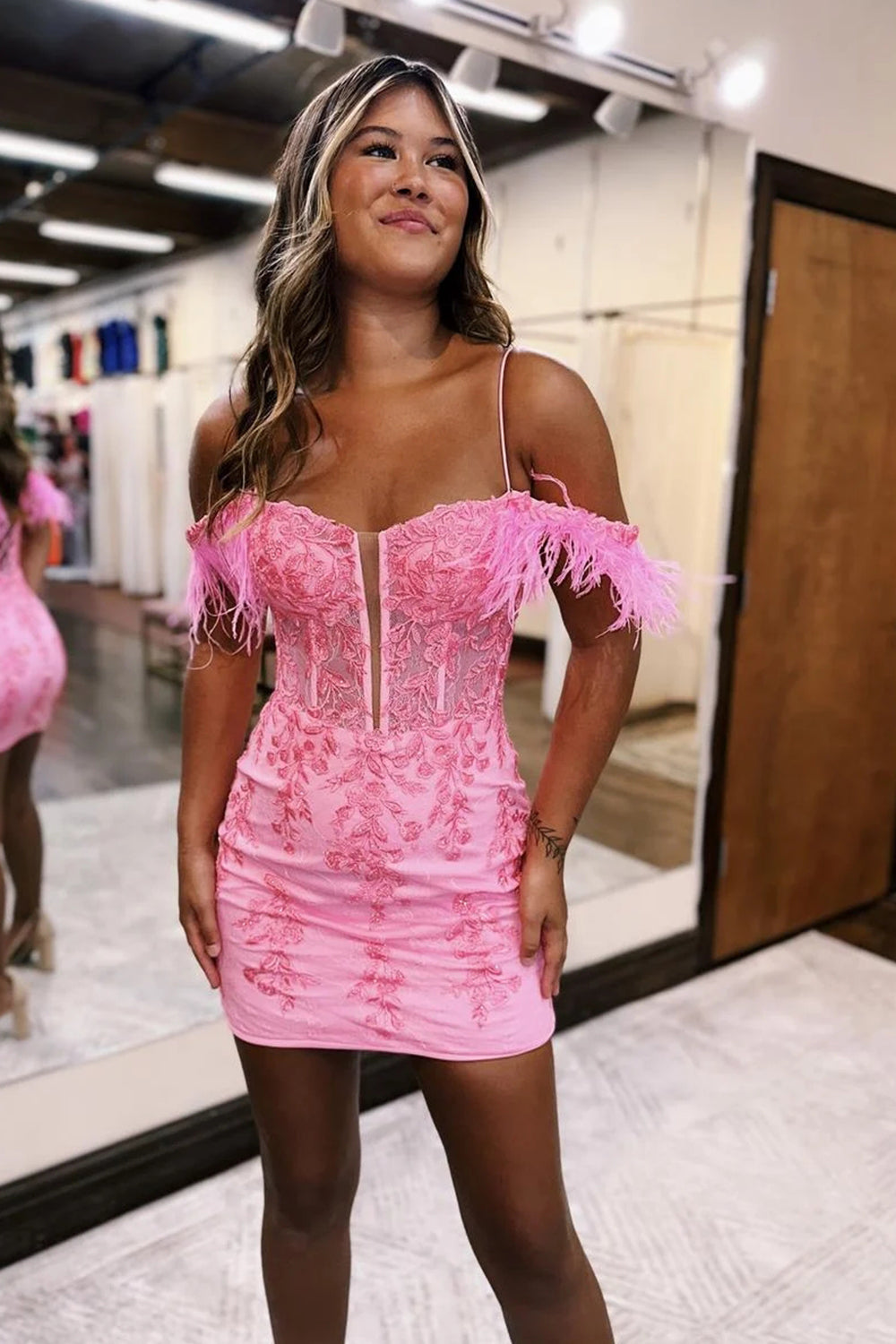 Pink Homecoming Dress Corset Sequin Tight Short Prom Dress With Feather