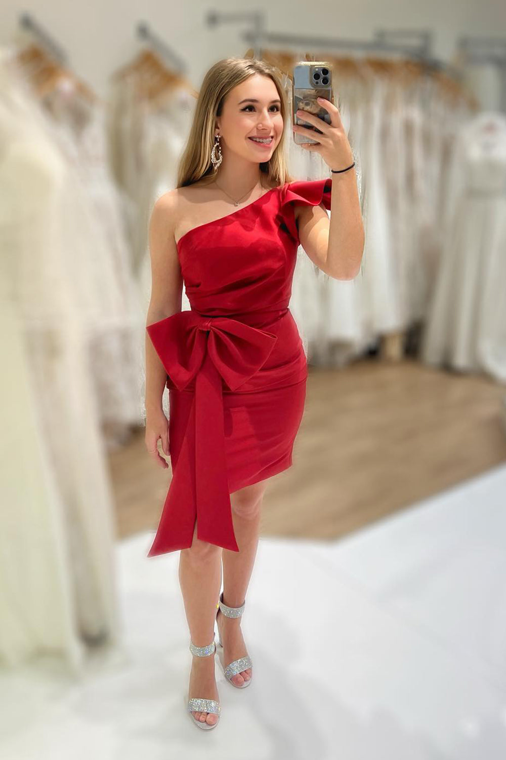 Red Homecoming Dress One Shoulder Tight Short Prom Dress With Bow