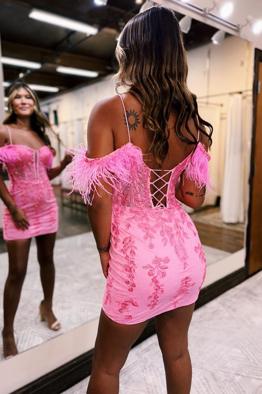 Pink Homecoming Dress Corset Sequin Tight Short Prom Dress With Feather