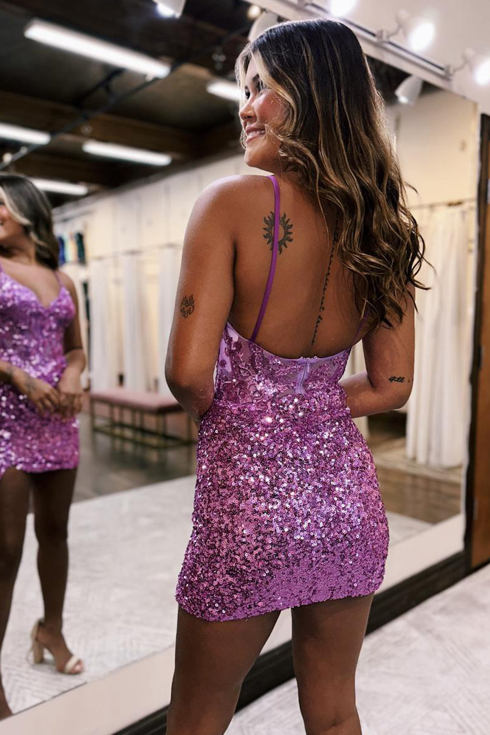 Lilac Homecoming Dress Sequin Corset Tight Short Prom Dress