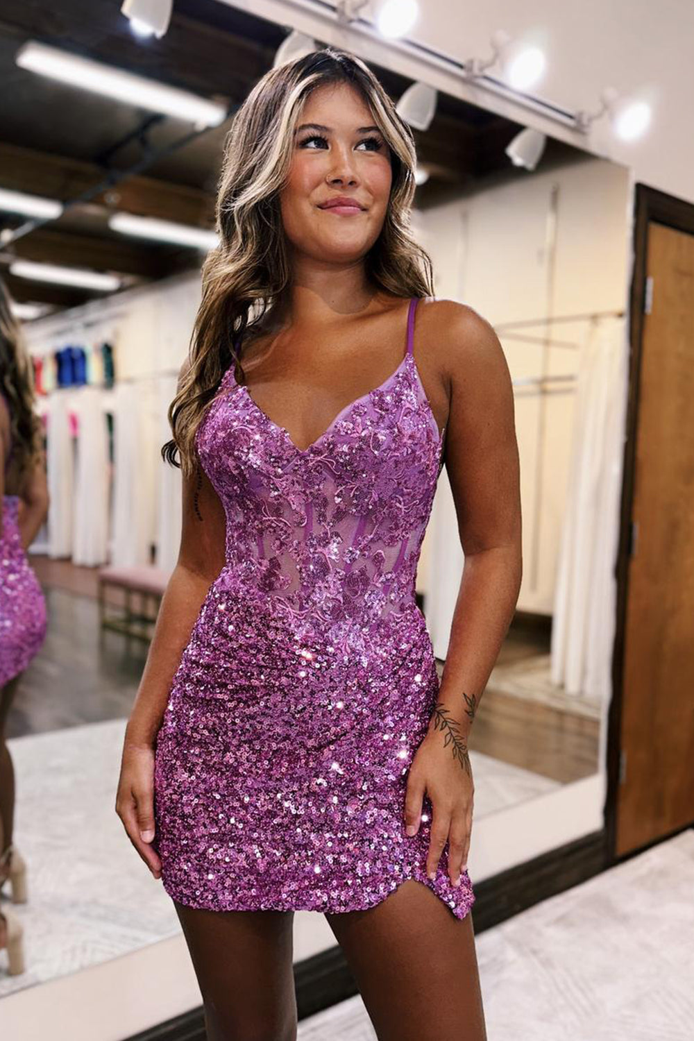 Lilac Homecoming Dress Sequin Corset Tight Short Prom Dress