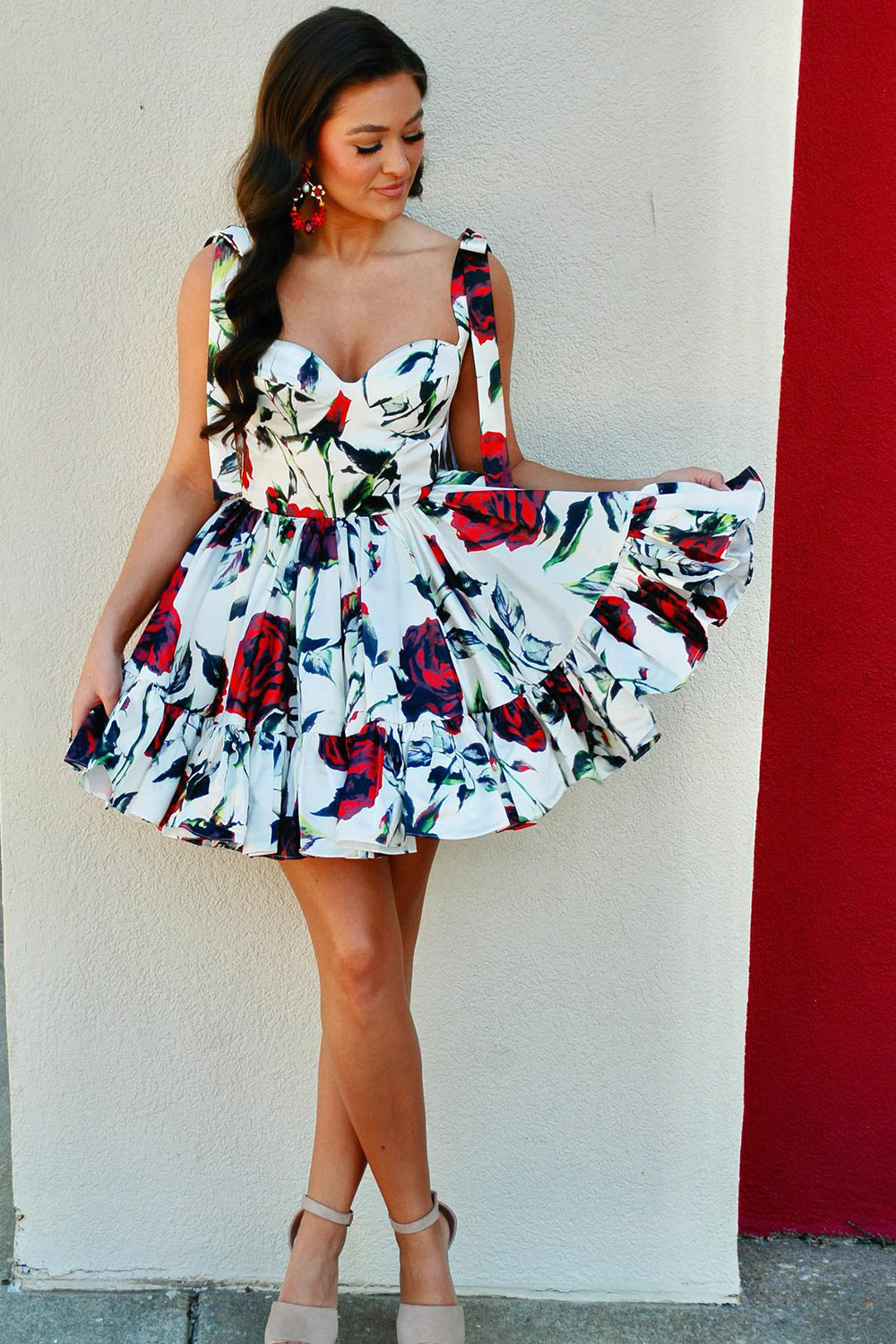 Homecoming Dress A Line Ruffled Prom Dress With Printed Flower