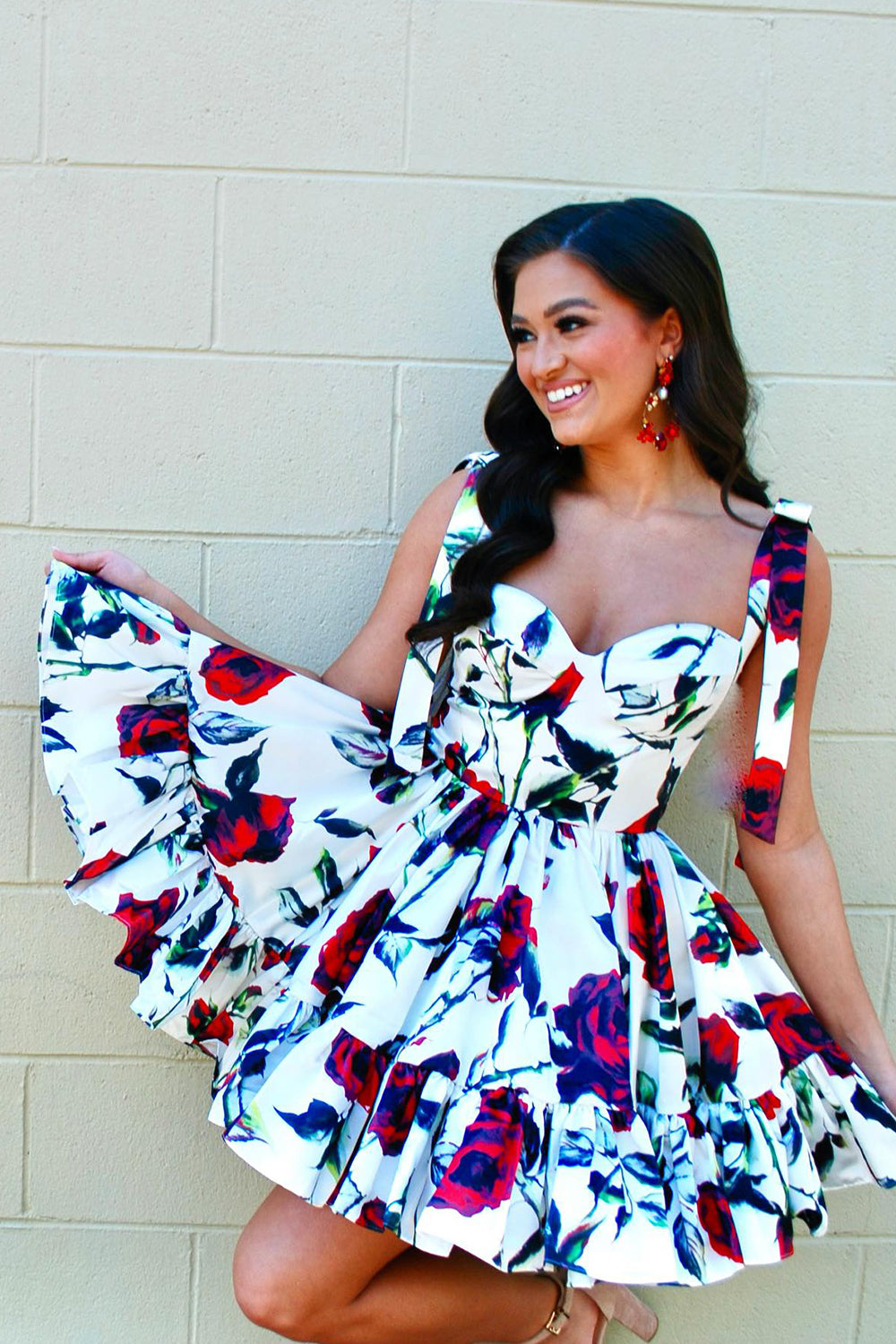 Homecoming Dress A Line Ruffled Prom Dress With Printed Flower