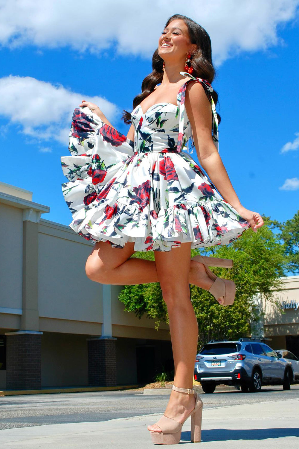 Homecoming Dress A Line Ruffled Prom Dress With Printed Flower