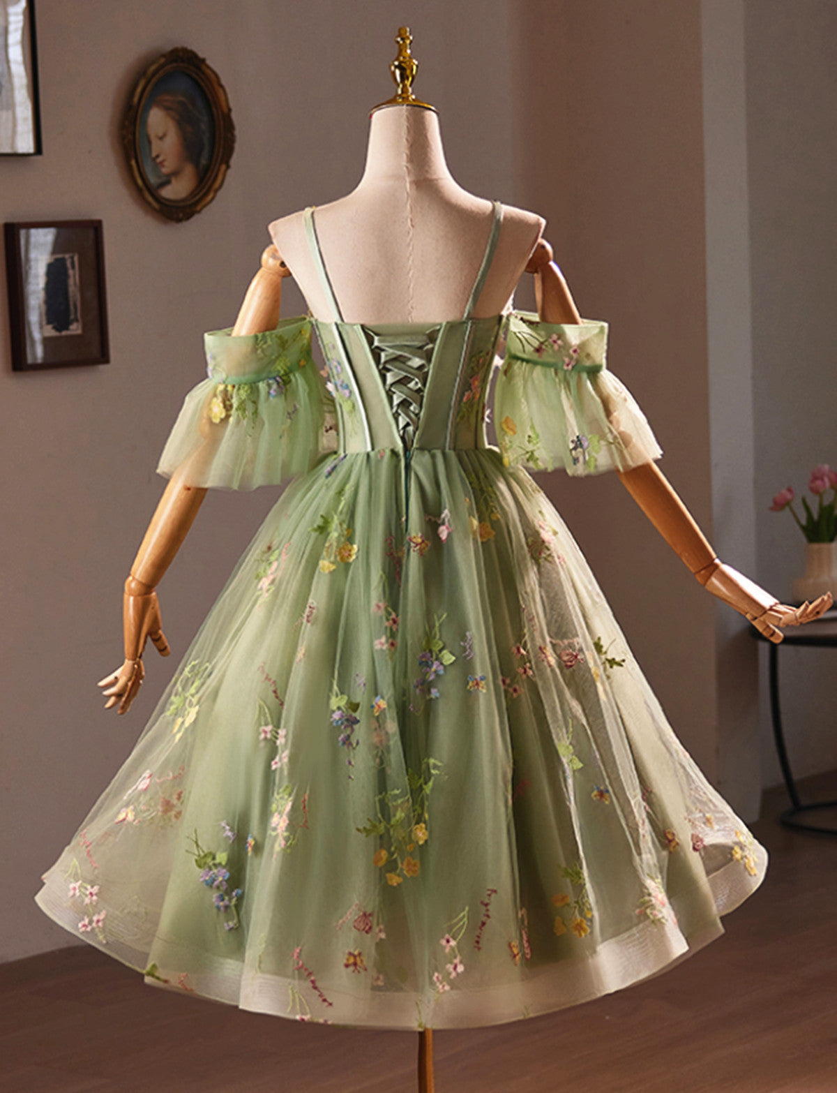 Lovely Light Green Sweetheart Tulle Floral Homecoming Dress, Green Short Prom Dress