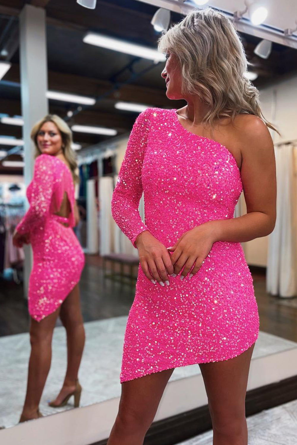 Hot Pink Homecoming Dress One Shoulder One Sleeve Tight Prom Dress with Fringes