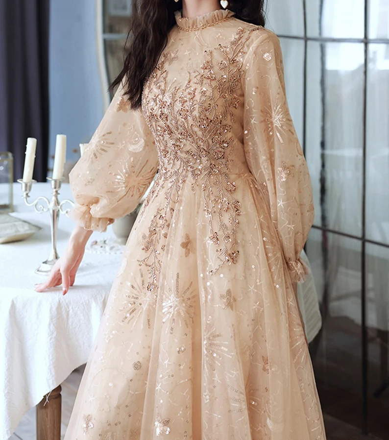 Champagne Puffy Sleeves Long Beaded Party Dress, Champagne Tulle Prom Dress