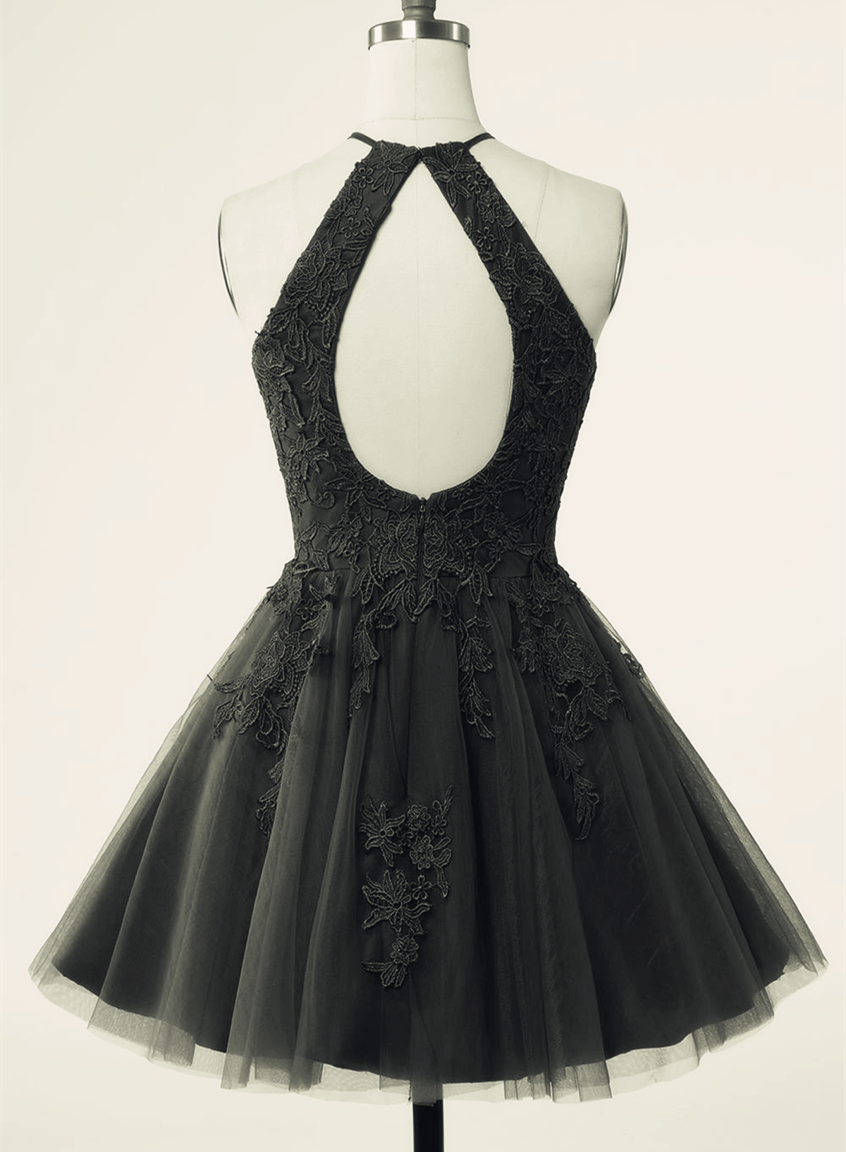 Black Halter Tulle with Lace Short Party Dress, Black Tulle Homecoming Dress