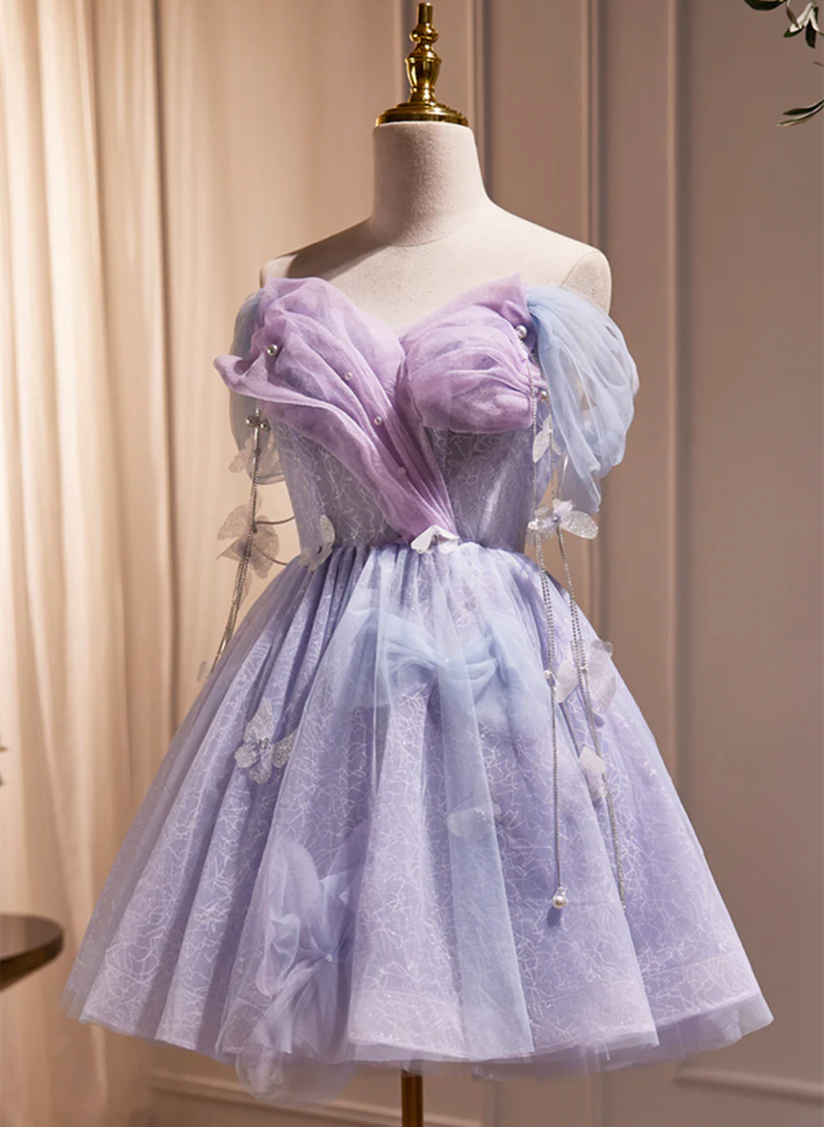 LightPurple Tulle Off Shoulder Short Prom Dress, Cute A-Line Off Shoulder Homecoming Dress