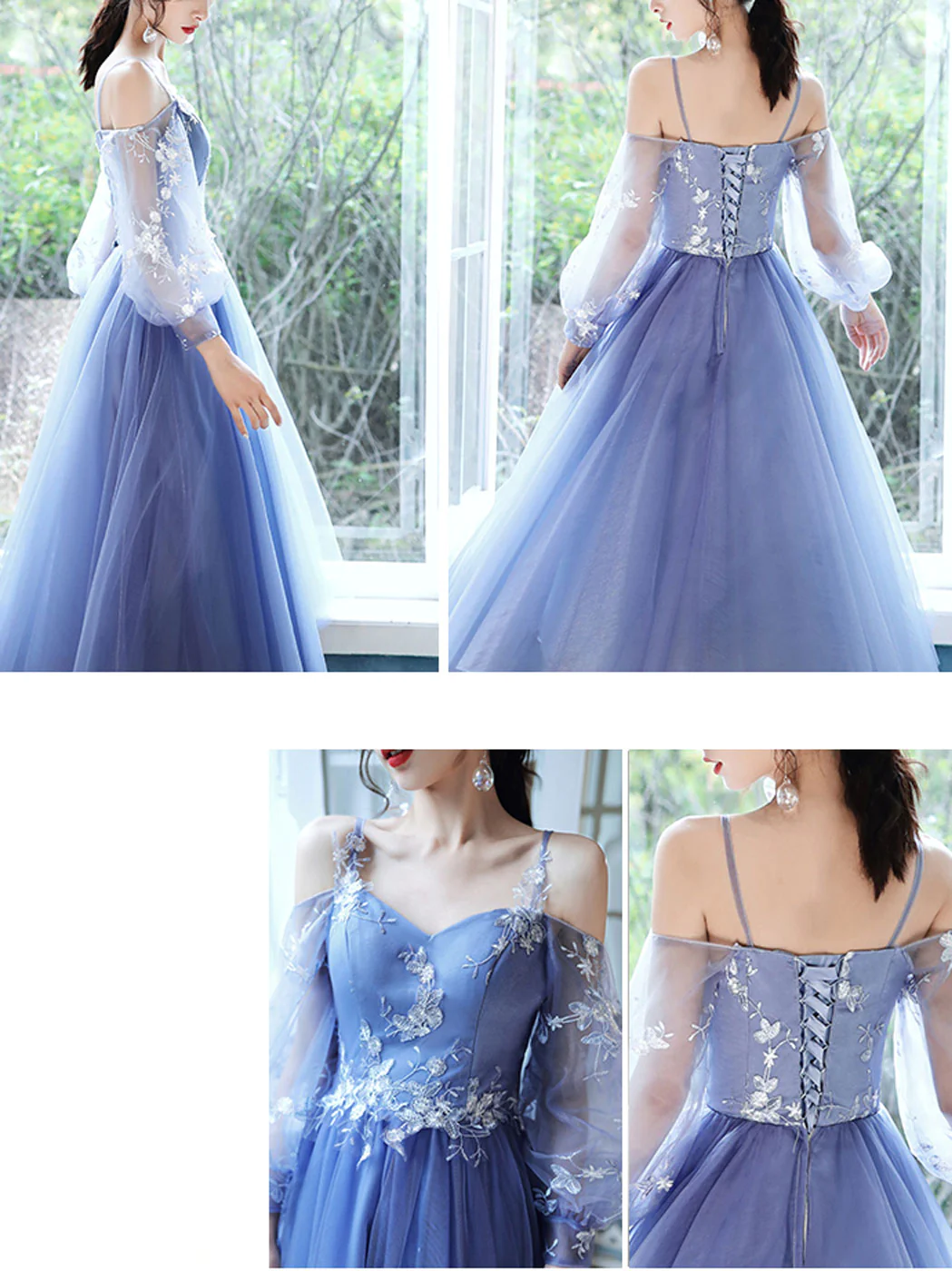 Lovely Blue Short Tea Length Party Dress, Puffy Sleeves Tulle Formal Dress