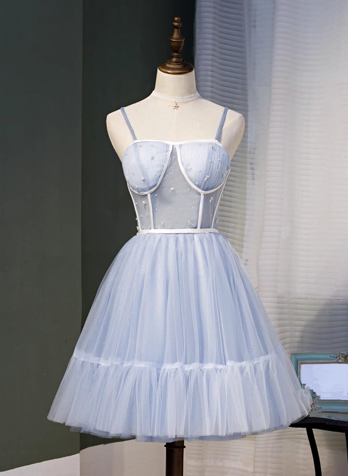 Light Blue Tulle Sweetheart Straps Party Dress, Light Blue Homecoming Dress