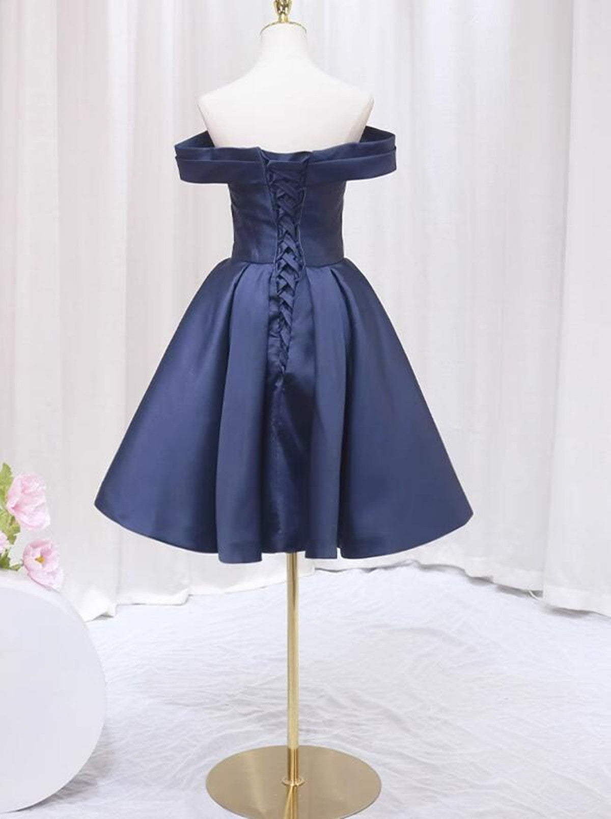 Navy Blue Satin Off Shoulder Homecoming Dress, Navy Blue Prom Dress