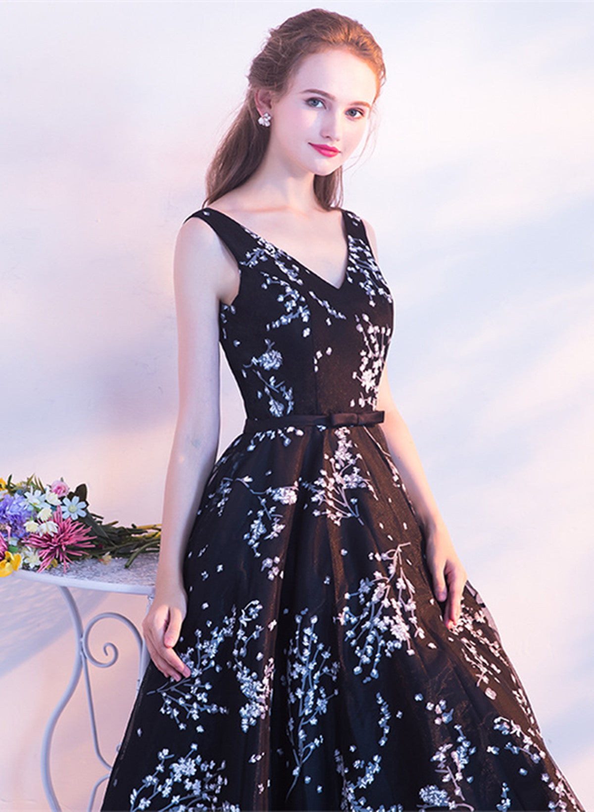 Black Floral Tulle V-neckline Tea Length Party Dress, Black Tulle Homecoming Dress