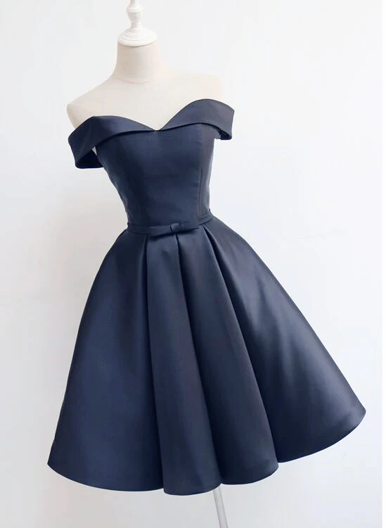 Custom Navy Blue Short Off Shoulder Sweetheart Party Dress, Navy Blue Party Dress