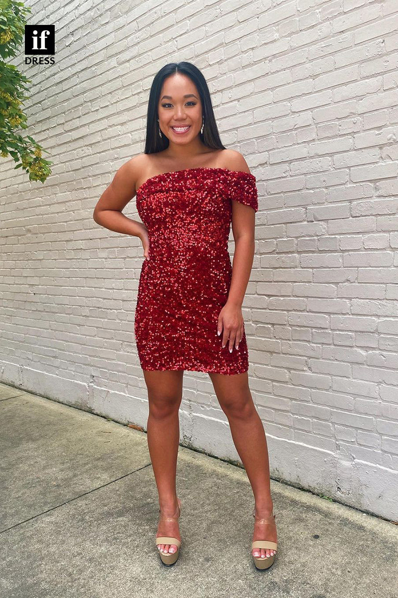 F1-1160 - Unique Off Shoulder Sequined Mini Homecoming Dress