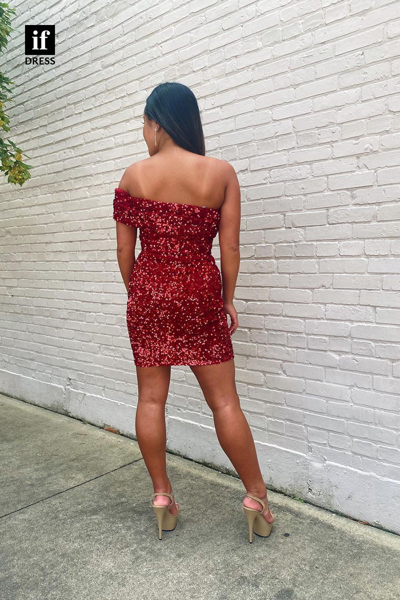 F1-1160 - Unique Off Shoulder Sequined Mini Homecoming Dress