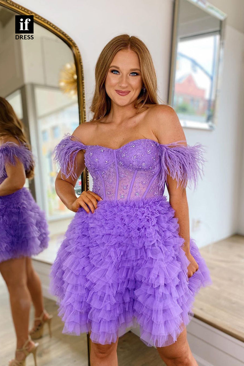 F1-1163 - Unique Off Shoulder Feathers A-Line Tiered Short Homecoming Dress